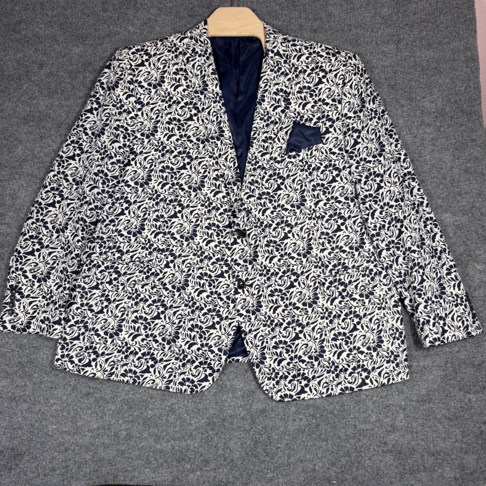 Linea Uomo Floral Blazer Sport Coat Mens 58L Navy White Linen Viscose EUC